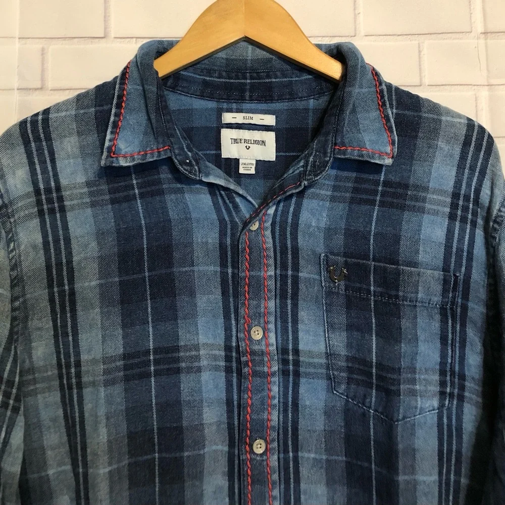 True Religion Men's Blue Slim Flannel Western Button Front Long Sleeve Shirt 2XL - Picture 3 of 12